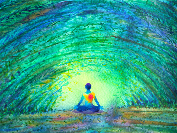 chakra color human lotus pose yoga in green tree forest tunnel, abstract world, universe inside your mind mental, watercolor painting illustration design hand drawn